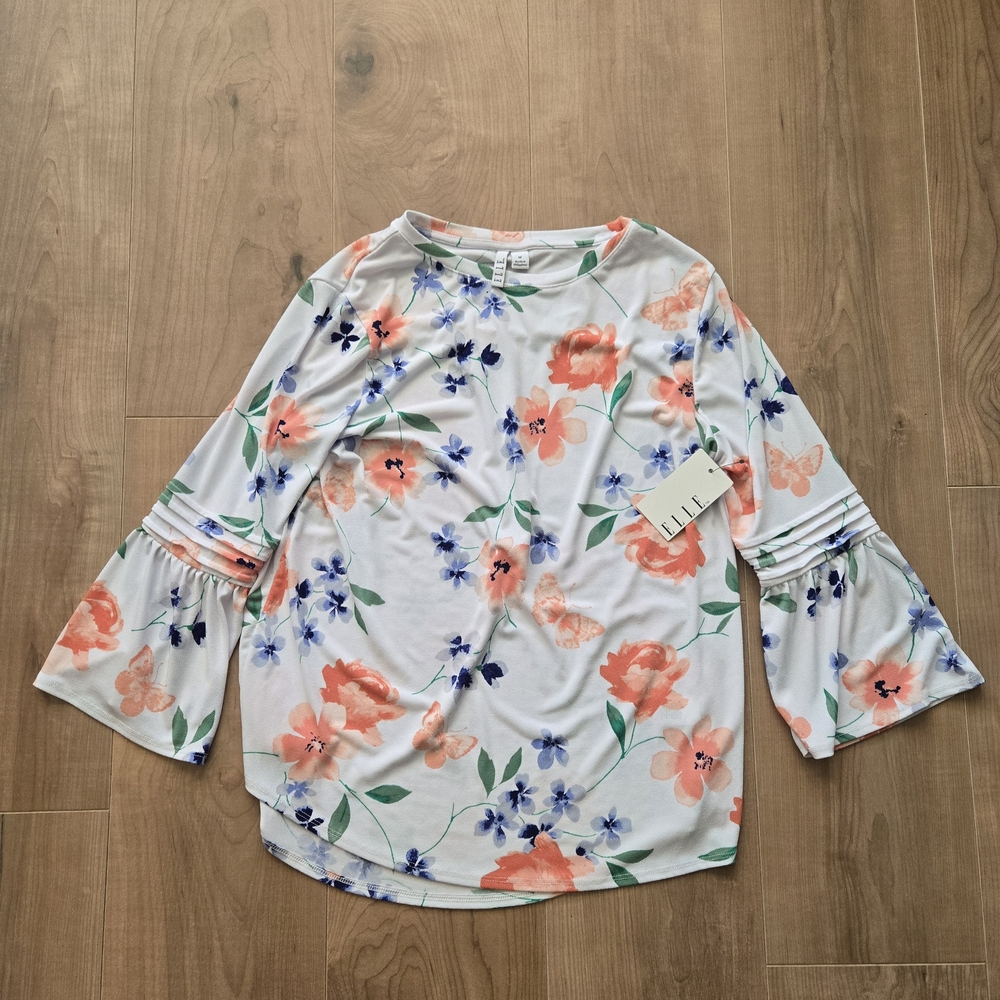 ELLE Women's Floral Bell Sleeve 3/4 Top NWT